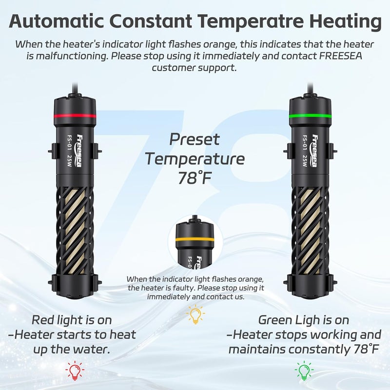 FREESEA Aquarium Heater for Fish Tank: 25W Small Submersible Thermostat with Off-Water Protection & UL Certified Cord for 1-5 Gallon Fish Turtle Tanks Enthusiasts - Image 2